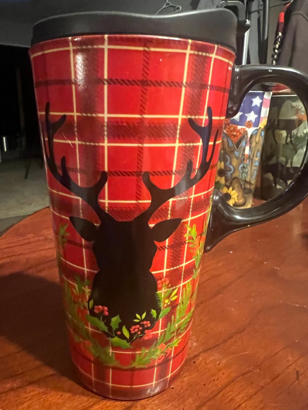 Cypress Home 17oz Ceramic Travel Mug Coffee Cup Deer Buck Red Plaid w/ Holly
